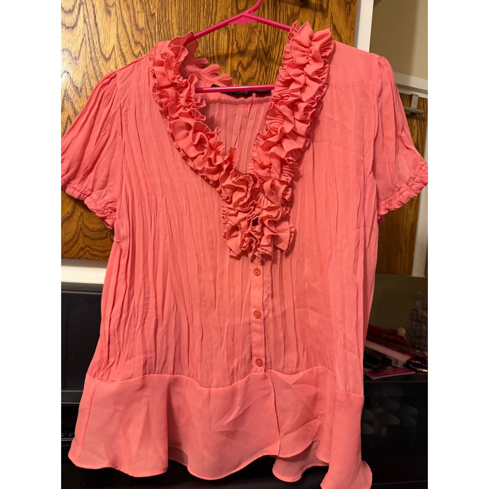 Hayley Matthews Coral Pink Ruffle V-Neck Crinkle Blouse Short Sleeve Large